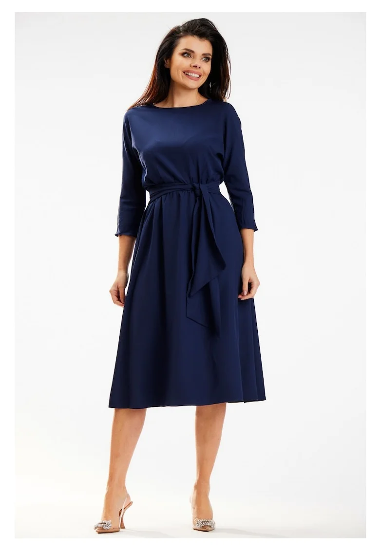 Rochie De Dama,  Model Asimetric Cu Talie Marcata, Cappuccino, 96% Poliester 4% Elastan, Rochie Midi Eleganta, Croiala Fluida Cu Slit, Tinuta Luxoasa Casual Si De Seara, Super Confortabila, Fabricata In Polonia, Design Fashion, Albastru inchis
