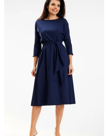 Rochie De Dama,  Model Asimetric Cu Talie Marcata, Cappuccino, 96% Poliester 4% Elastan, Rochie Midi Eleganta, Croiala Fluida Cu Slit, Tinuta Luxoasa Casual Si De Seara, Super Confortabila, Fabricata In Polonia, Design Fashion, Albastru inchis