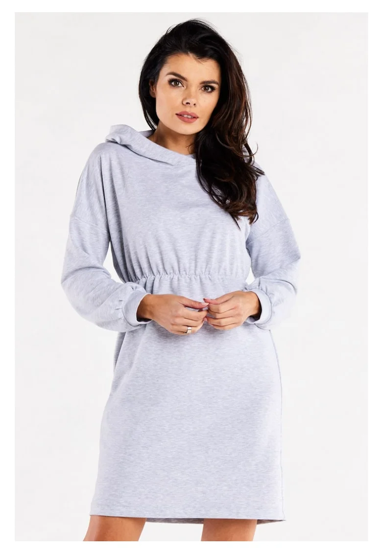 Rochie De Dama,  Model Sport Tip Hanorac Cu Gluga Si Volan, Gri, 95% Bumbac 5% Elastan, Rochie Lejera Cu Maneci Incretite, Rochii Casual De Zi Pentru Femei, Tinuta Moderna Super Confortabila, Fabricata In Polonia, Fashion Urban, Gri