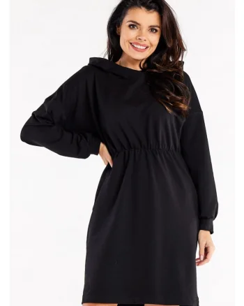 Rochie De Dama,  Model Sport Tip Hanorac Cu Gluga Si Volan, Negru, 95% Bumbac 5% Elastan, Rochie Lejera Cu Maneci Incretite, Rochii Casual De Zi Pentru Femei, Tinuta Moderna Confortabila, Fabricata In Polonia, Design Fashion Urban, Negru