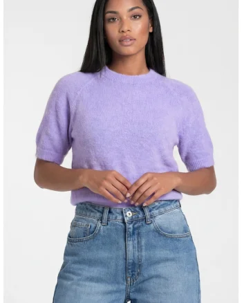 Pulover de dama M1320, violet, croiala clasica regular, decolteu rotund, maneca scurta