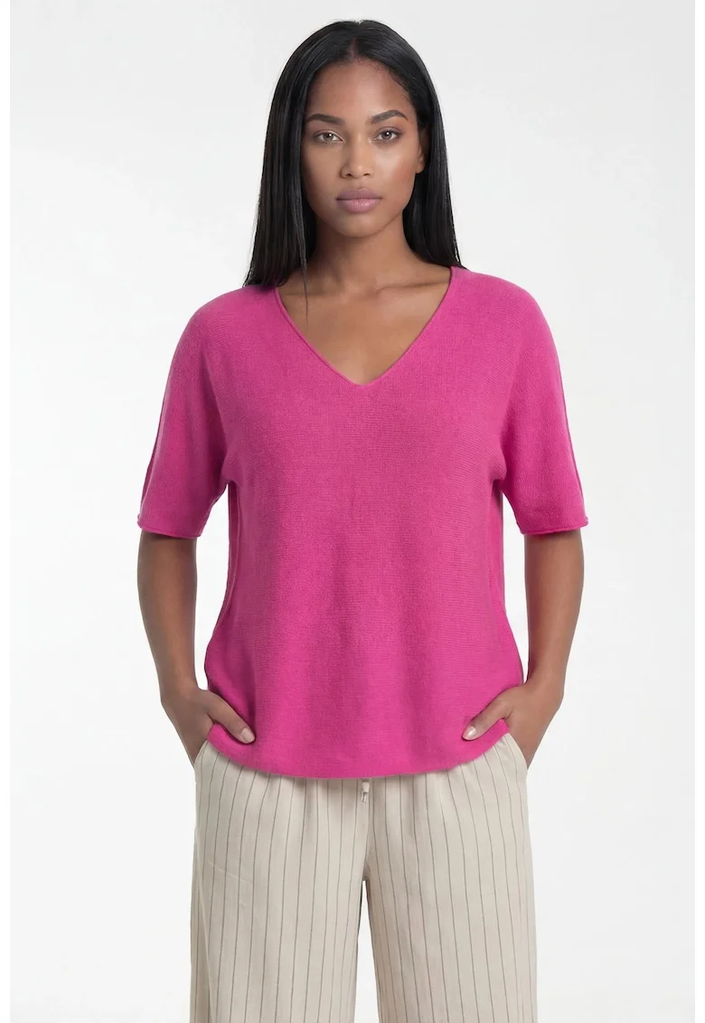 Pulover dama  M1319, fucsia, croiala clasica, decolteu in V, maneca scurta, viscoza