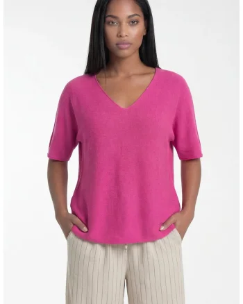 Pulover dama  M1319, fucsia, croiala clasica, decolteu in V, maneca scurta, viscoza