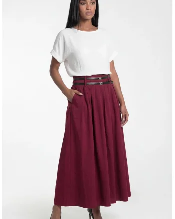 Fusta maxi  M1326, bordeaux, croiala evazata, talie inalta, material elastic