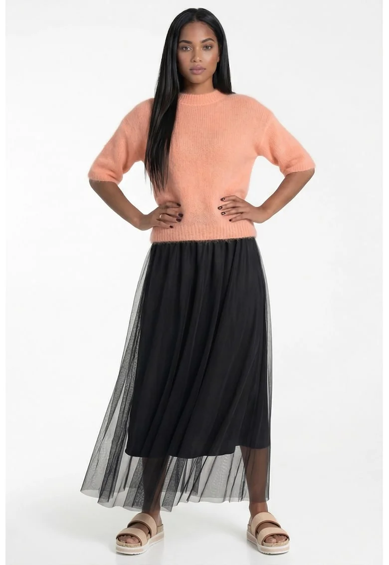 Fusta maxi  neagra, croiala evazata, talie inalta, material elastic