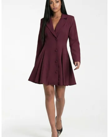 Rochie midi  visiniu, croiala evazata, decolteu in V, maneci lungi