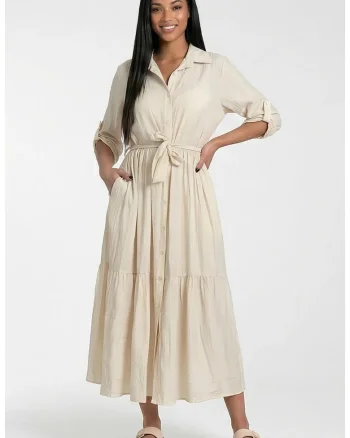 Rochie maxi  M1312, bej, croiala evazata, maneci 3/4, material din viscoza