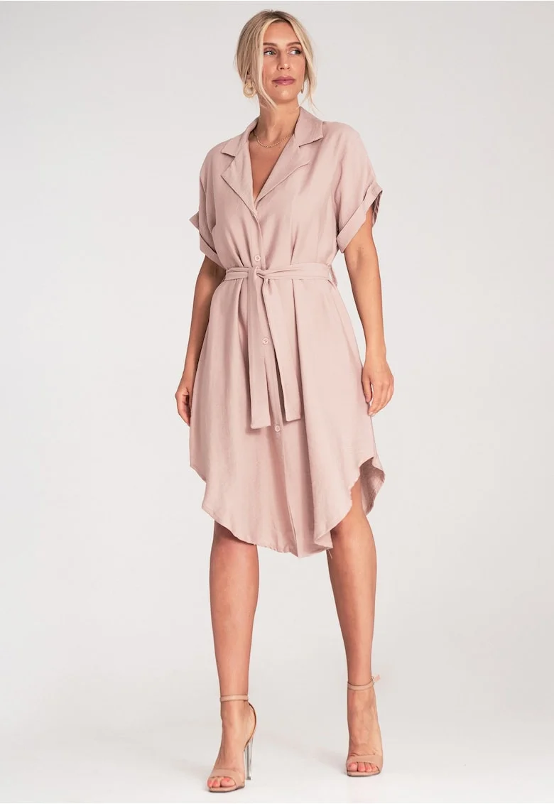 Rochie tip camasa midi cu nasturi si curea talie, maneca scurta,  M1286, roz