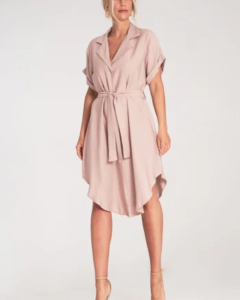 Rochie tip camasa midi cu nasturi si curea talie, maneca scurta,  M1286, roz