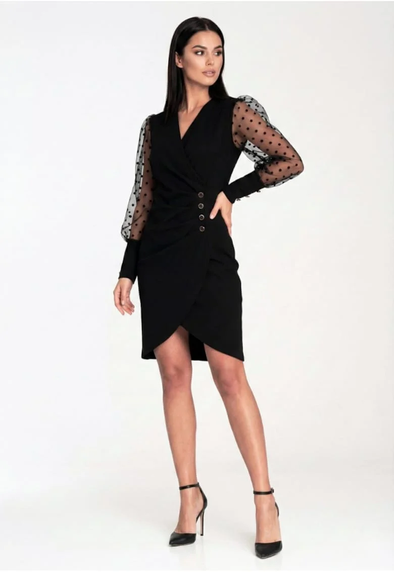 Rochie eleganta  tip petrecuta, maneci din tul cu buline, decolteu in V, negru