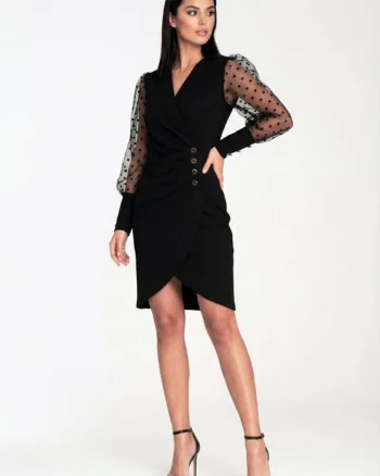 Rochie eleganta  tip petrecuta, maneci din tul cu buline, decolteu in V, negru