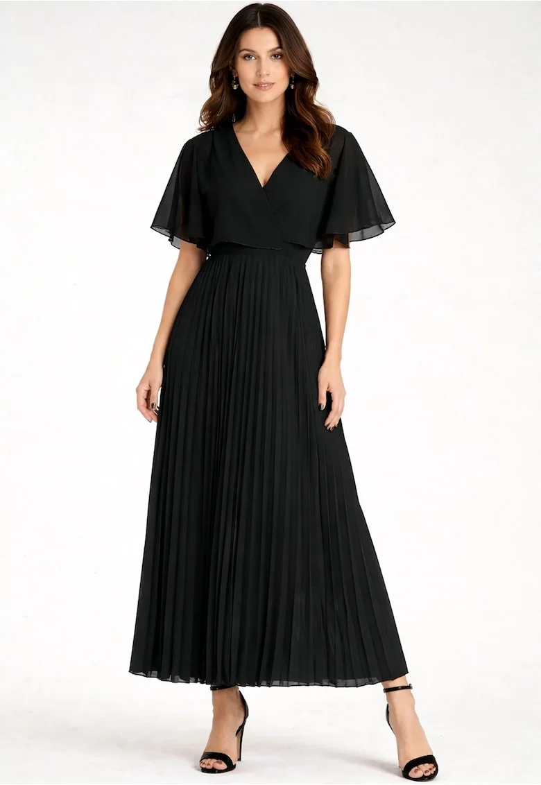 Rochie maxi  decolteu in V, fusta plisata, neagra, vaporoasa,
