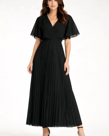 Rochie maxi  decolteu in V, fusta plisata, neagra, vaporoasa,