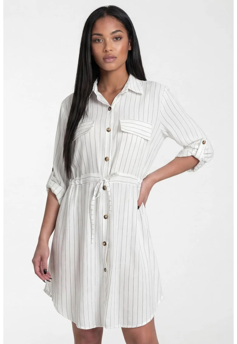 Rochie camasa  M1325, alba, croiala dreapta, decolteu tip camasa, maneca 3/4, curea in talie