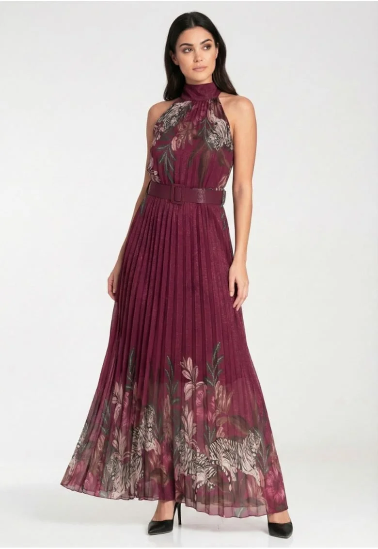 Rochie lunga  plisata, imprimeu floral si animal print, burgundy, talie cu cordon