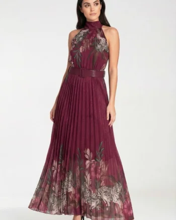 Rochie lunga  plisata, imprimeu floral si animal print, burgundy, talie cu cordon