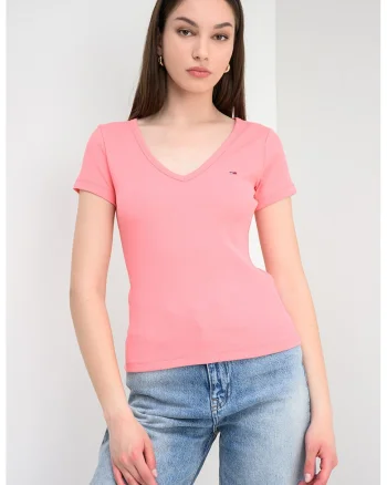 Tricou slim fit striat cu decolteu in V, Roz somon