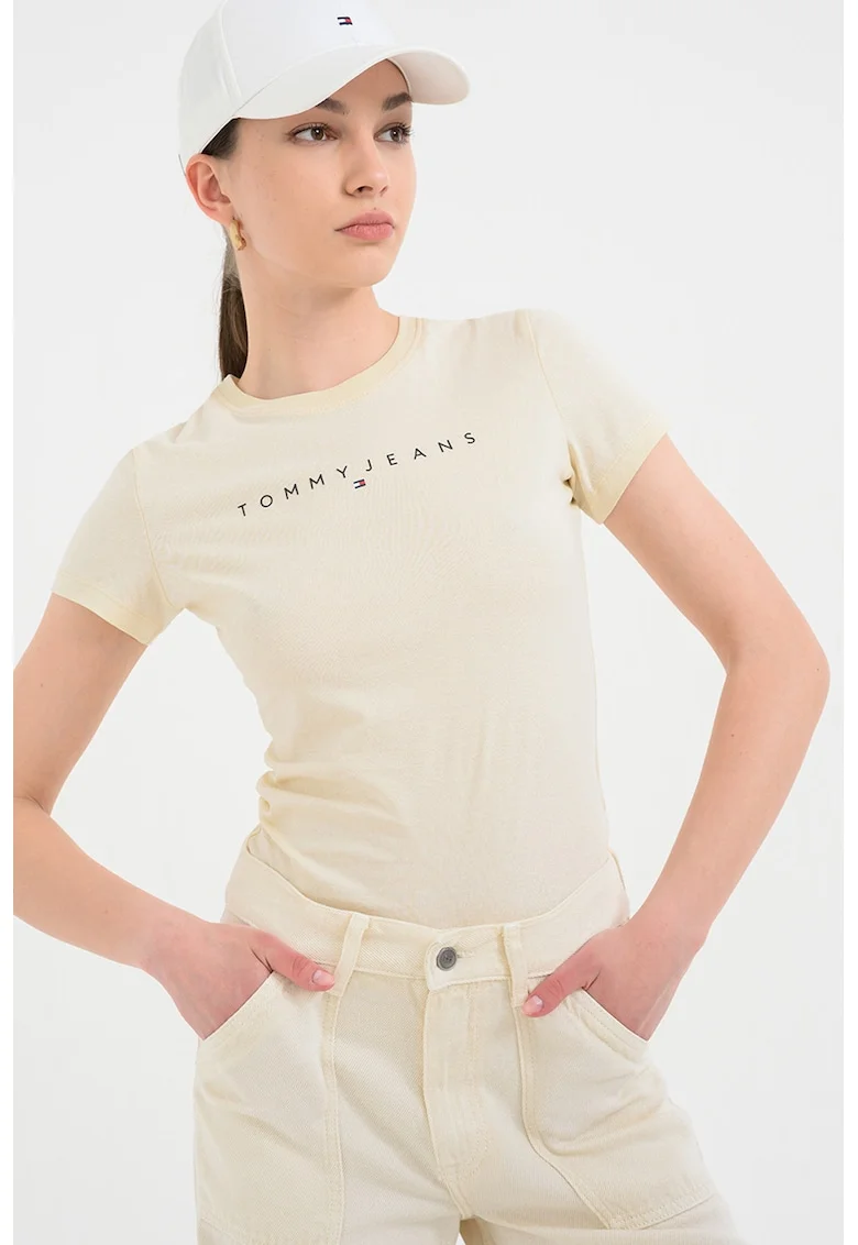 Tricou slim fit cu imprimeu logo, Galben pal