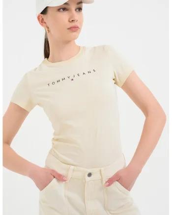 Tricou slim fit cu imprimeu logo, Galben pal