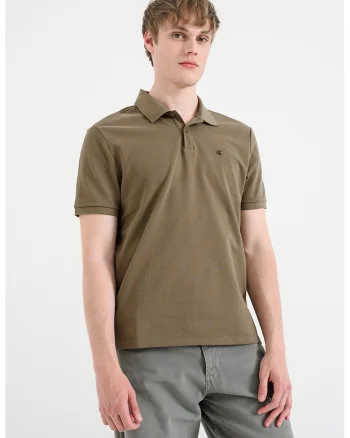 Tricou polo de bumbac pique cu logo brodat discret, Verde masliniu