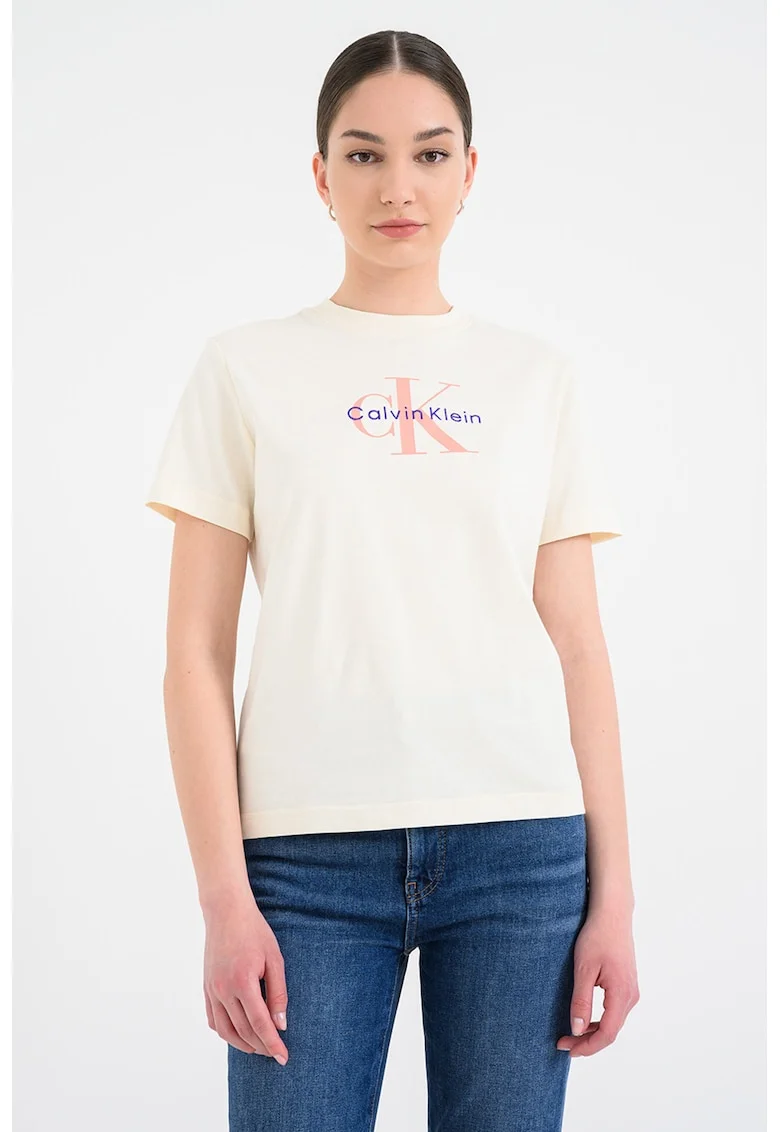 Tricou relaxed fit cu imprimeu logo, Bej inchis