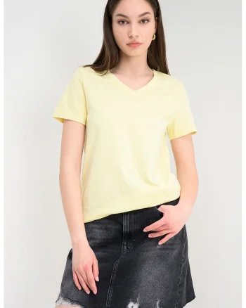 Tricou cu decolteu in V si logo discret, Galben deschis