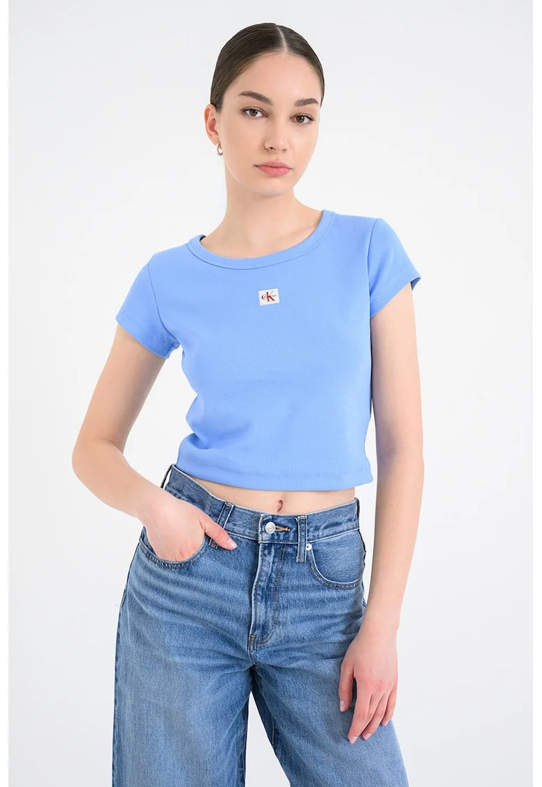 Tricou crop cu croiala slim fit, Albastru lavanda