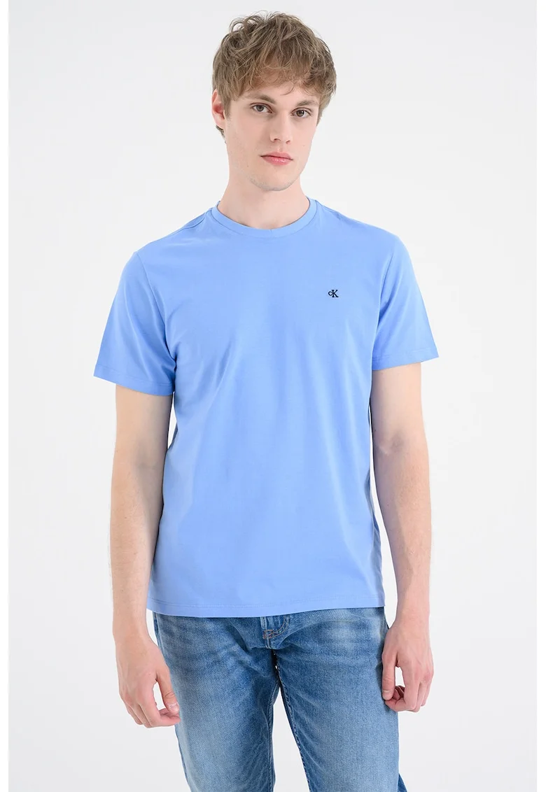 Tricou din bumbac cu decolteu la baza gatului, Albastru azur