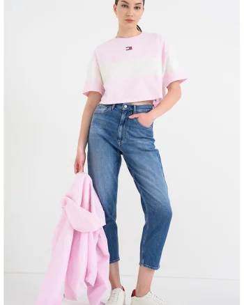 Tricou crop cu logo, Roz prafuit deschis/Alb murdar