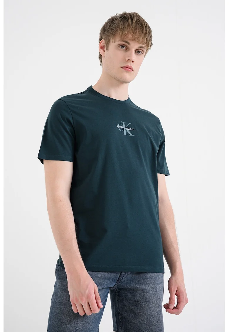 Tricou cu decolteu la baza gatului si logo, Verde englez