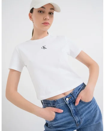 Tricou crop cu logo discret, Alb optic