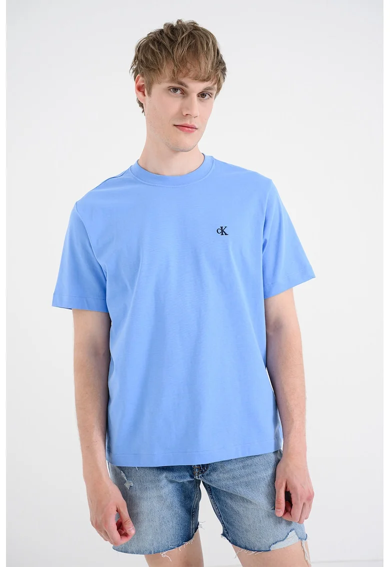 Tricou din bumbac cu decolteu la baza gatului, Albastru azur