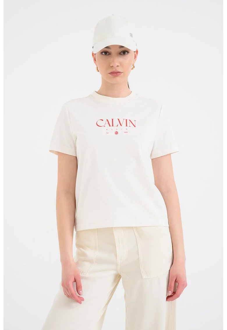 Tricou de bumbac cu imprimeu logo, Bej sampanie