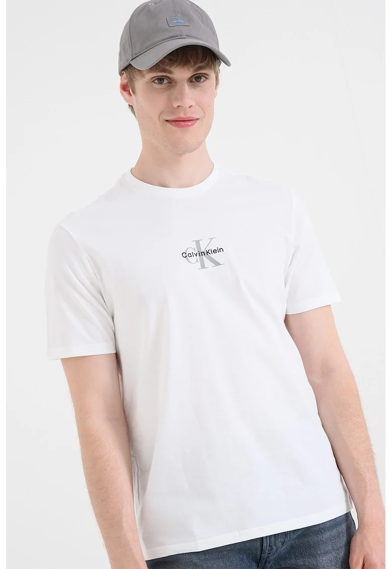 Tricou cu decolteu la baza gatului si logo, Alb optic