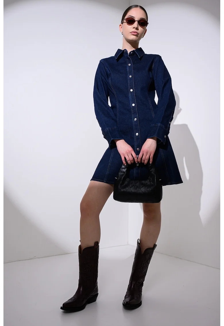 Rochie evazata de denim cu guler ascutit, Albastru paun