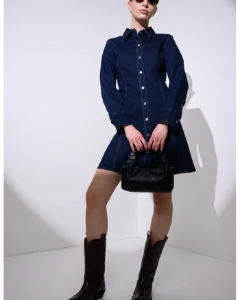 Rochie evazata de denim cu guler ascutit, Albastru paun