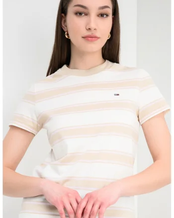 Tricou de bumbac in dungi, Roz bombon/Alb antichizat/Bej antichizat