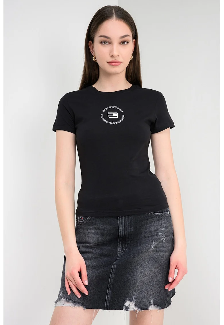 Tricou cu decolteu la baza gatului si logo, Negru antracit
