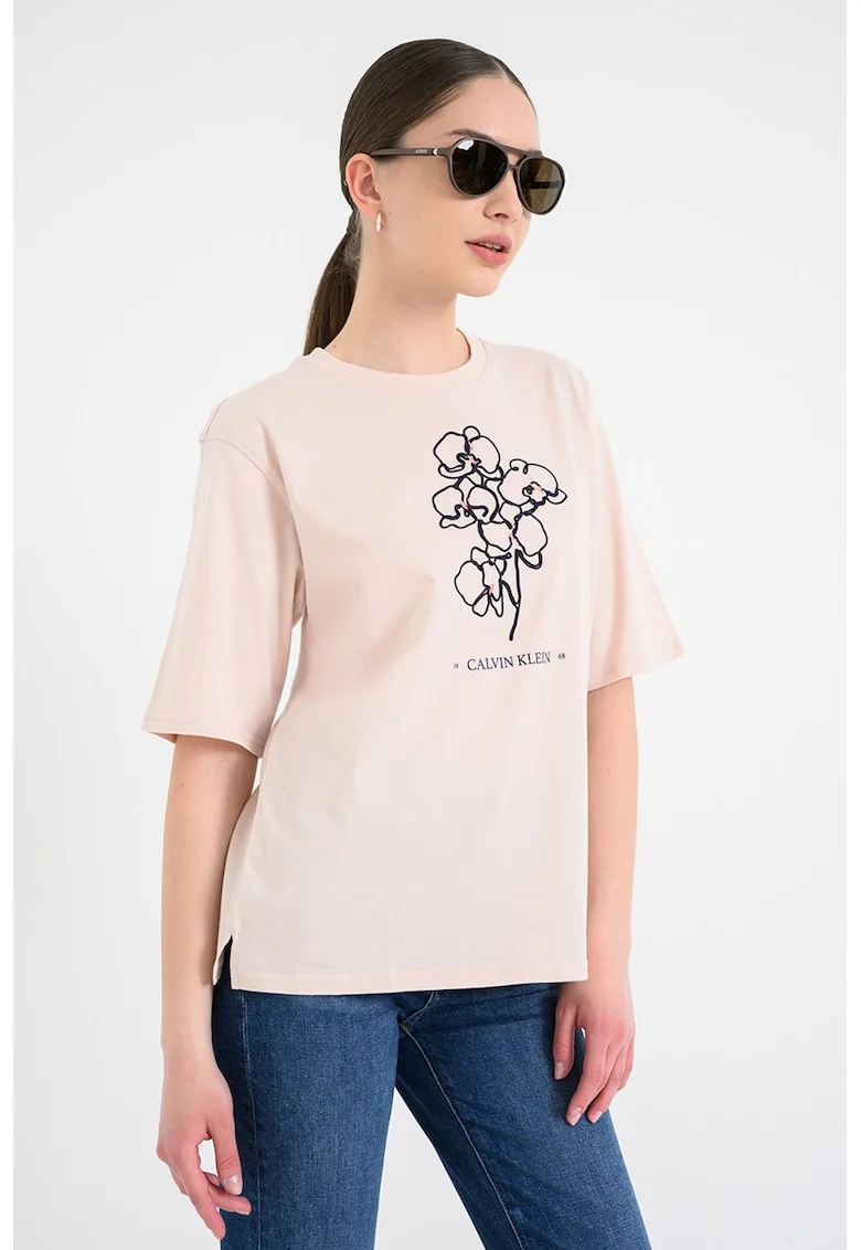 Tricou cu decolteu la baza gatului si design grafic, Bej roscat