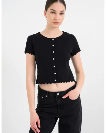 Tricou crop cu nasturi, Negru antracit