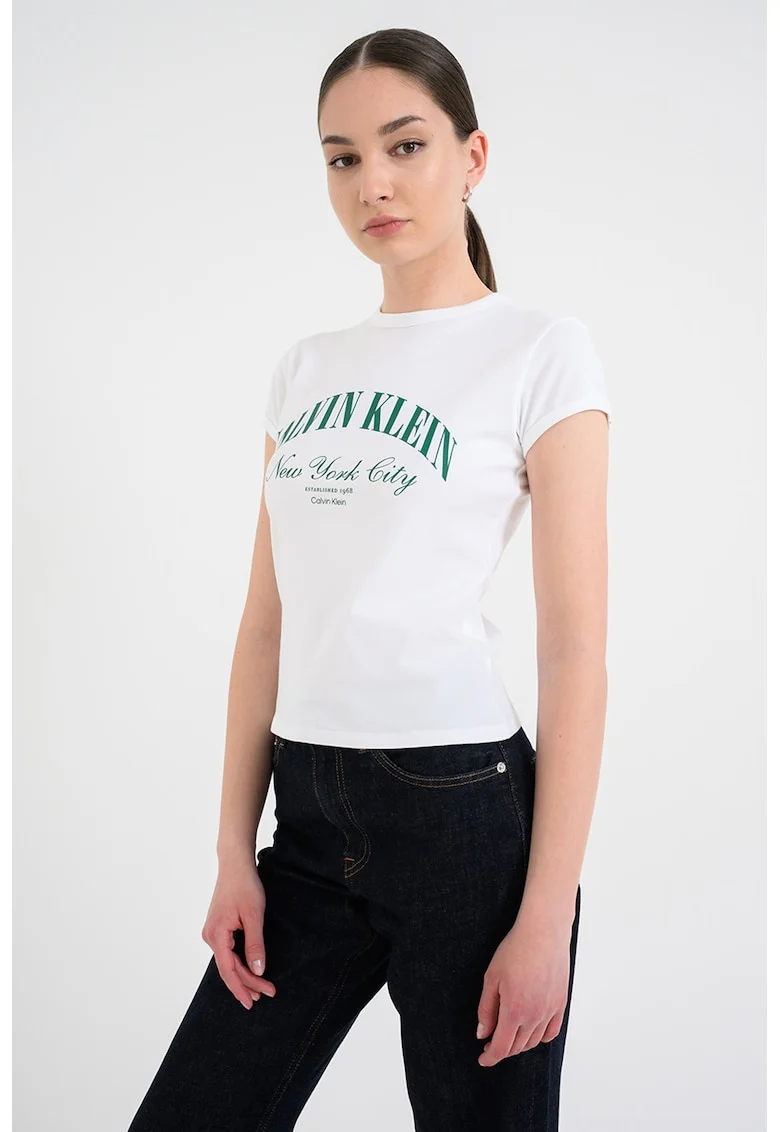 Tricou slim fit cu logo, Alb murdar