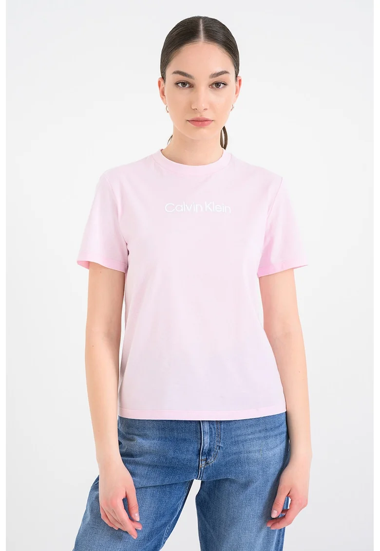 Tricou de bumbac cu logo contrastant, Roz bombon