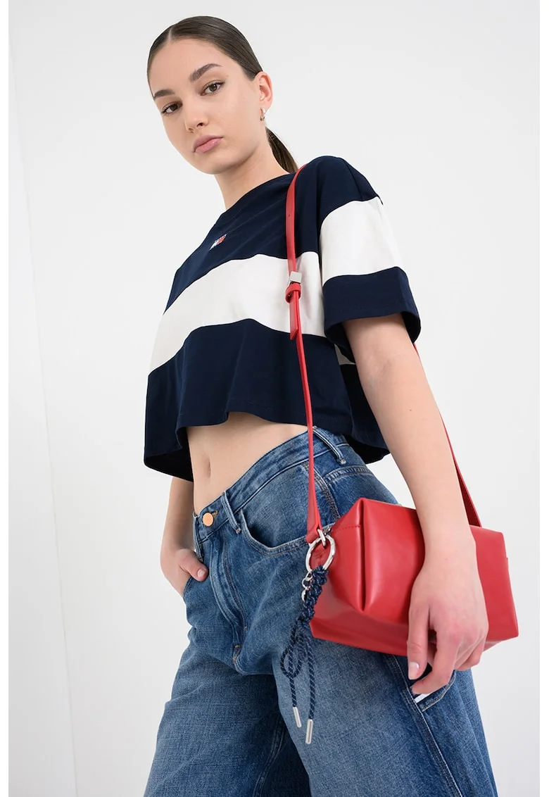 Tricou crop cu logo, Alb murdar/Bleumarin