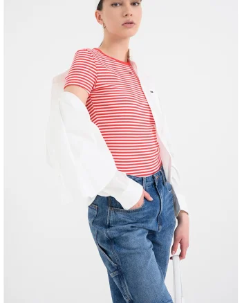 Tricou slim fit striat, Rosu vermillion/Alb murdar