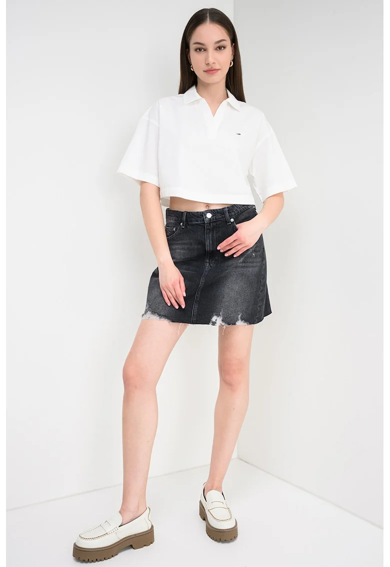 Tricou crop polo supradimensionat, Alb rece