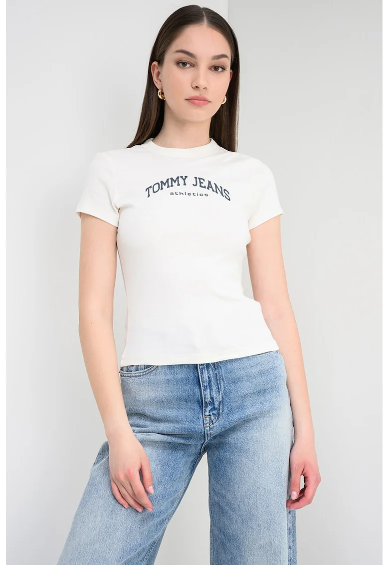 Tricou slim fit cu logo, Alb antichizat