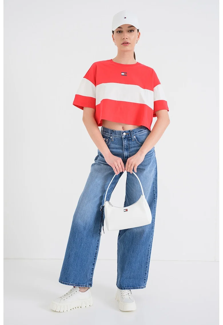 Tricou crop cu logo, Alb antichizat/Rosu capsuna