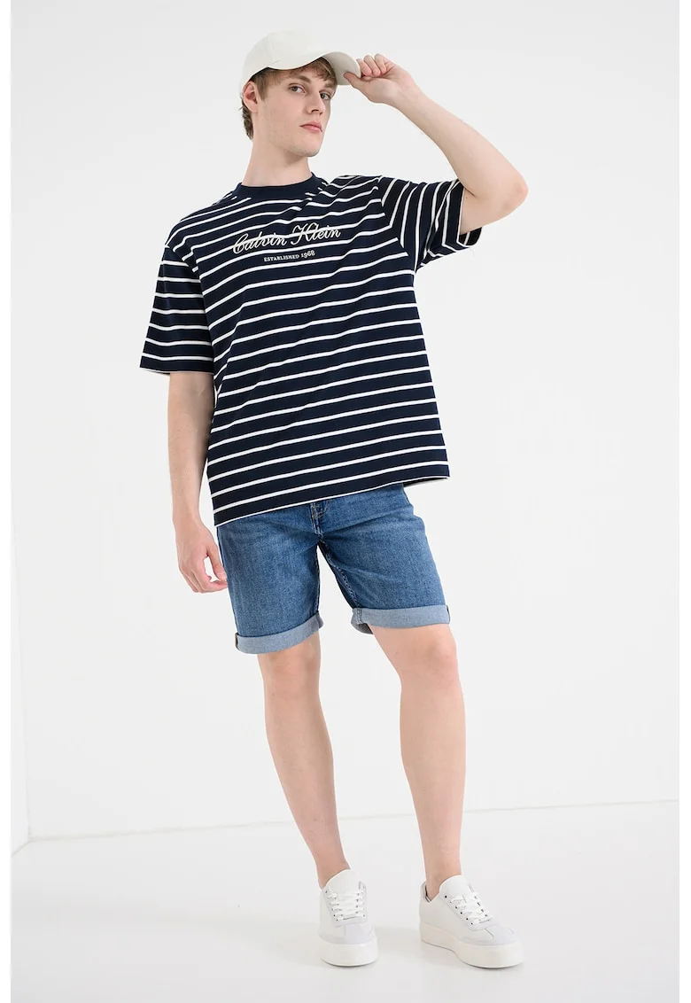 Tricou lejer din bumbac cu model in dungi, Alb/Bleumarin