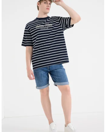 Tricou lejer din bumbac cu model in dungi, Alb/Bleumarin