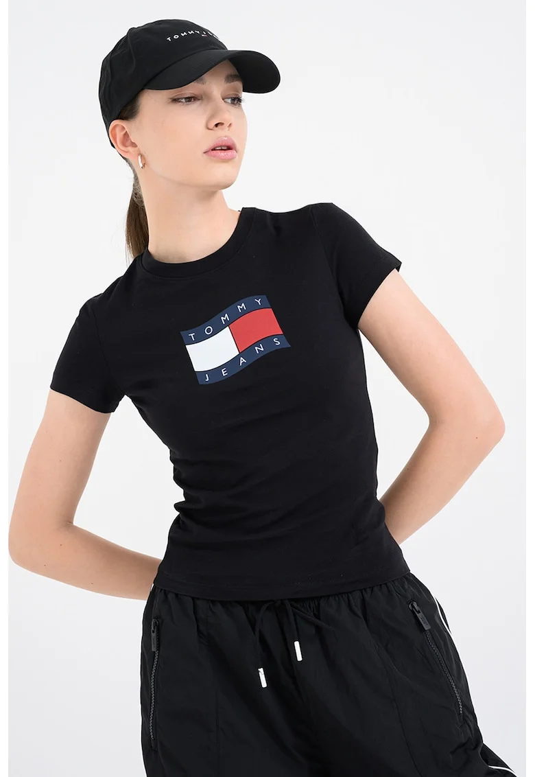Tricou cu decolteu la baza gatului cu logo pe piept, Negru carbon